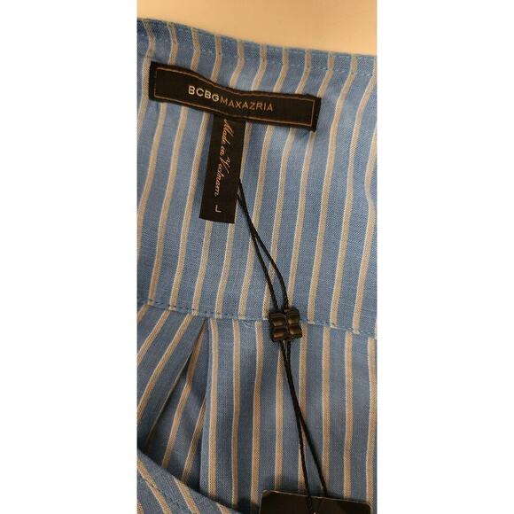 BCBGMAXAZRIA GINEVRA Striped Blue Scoop-Neck Wrap Hi-Lo Long Sleeve Blouse L - Picture 9 of 10